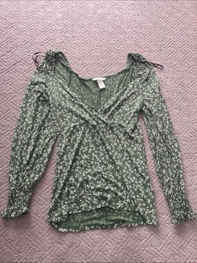 H&M Olive Green Floral Wrap-Style Long Sleeve Top